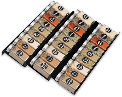 NEETBU 6PCS Expandable Spice Drawer Organizer Insert, Adjustable Tiered Countertop Tray for Spice Jars - Fits Kitchen Drawers (6, Black)
