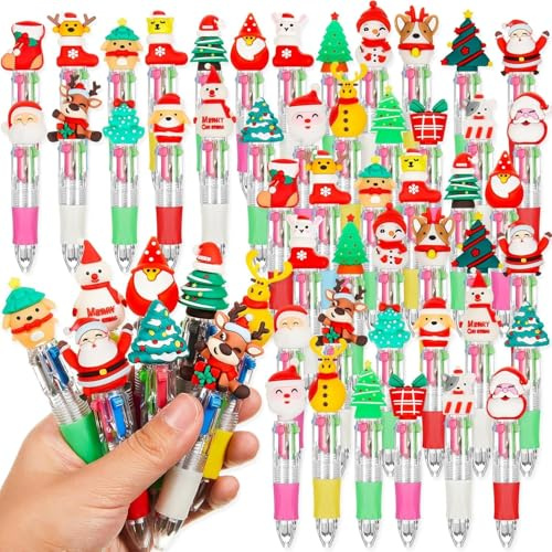 LATERN 48 Pezzi Penne a Sfera Natalizie, 4 In 1 Penna a Sfera Multicolore 10CM Penna a Scatto con Motivo Cartoon per Natale Festività Studenti Bambini Regalo Festa Borse Riempimento