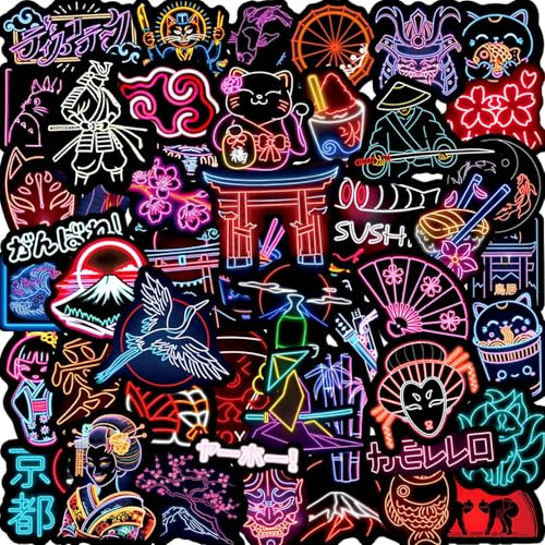 Neon Japanese Stickers 50 Pcs Waterproof Funny Cute Japanese Culture Sticker for Water Bottle Computer Laptop Skateboard Car Bike Guitar,Vinyl Trendy Cartoon Decals for Teens Adults Kids