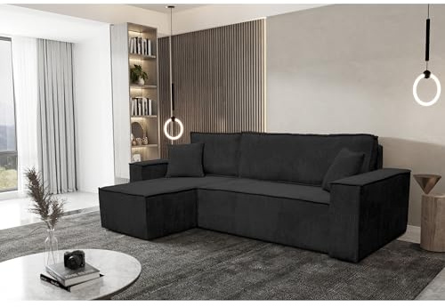 Best For Home – Ecksofa Karl mit Schlaffunktion | L-Form Sofa mit Bettkasten | 3-Sitzer Schlafsofa & Gästebett | Bequemes Wohnzimmermöbel | Modernes, Large-förmiges Couch-Design in Schwarz