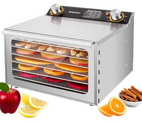 CUTANGELAR Déshydrateur pour Usage Domestique, Séchoir Inox avec Thermostat Réglable, Circulation d'Air Chaud 360°, Idéal pour Jerky, Fruits, Herbes et Friandises pour Chiens(6Layers/400W)
