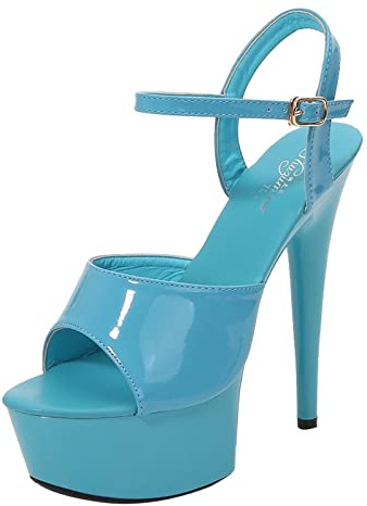 Högklackade damer, sexiga platåskor, sommar, eleganta sandaler, öppen tå, sandaletter, sandaler med ankelrem, silver, stilettos läder, höga skor för vardagen, dejting, fest, blå, 42 EU