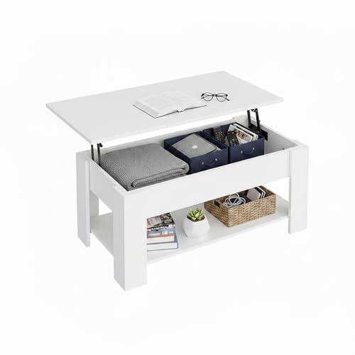 Baroni Home Tavolino da Caffè con Piano Sollevabile, Contenitore Interno, Tavolino Bianco da Salotto con Ripiano, Tavolo Moderno Salvaspazio per Soggiorno, 100x40x41,5 cm