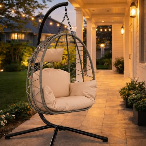 Litake Hängesessel in Eiform mit Sockel, Schaukelstuhl für drinnen und draußen, Hängesessel aus Rattan für den Garten mit Kissen, Belastbarkeit 150 kg, geeignet für Balkon, Hinterhof und Garten(Beige)