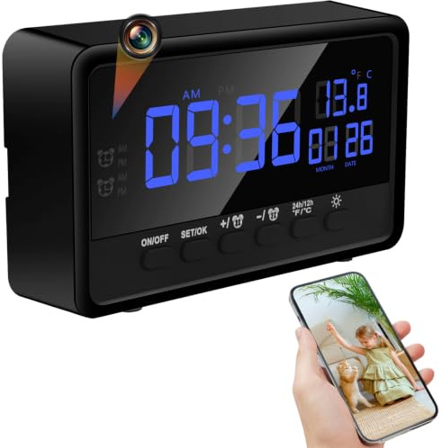 SecuraLen Camara Espia Oculta WiFi Interior, 1080P, Visión Nocturna | Doble banda 2.4/5GHz, gran angular 120°, detección movimiento, despertador 2 en 1, brillo 5 niveles, microSD 128GB, invisible