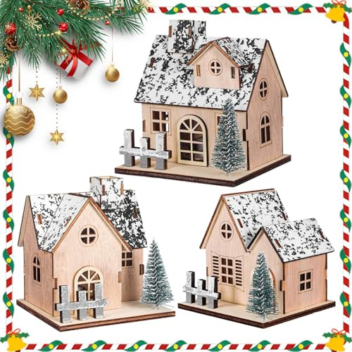 GLEAVI 3 Pezzi Set di Casette Natalizie in Legno Illuminazione LED, Decorazione Rustica per Casa, per Rituali Festivi e Ambienti Tradizionali