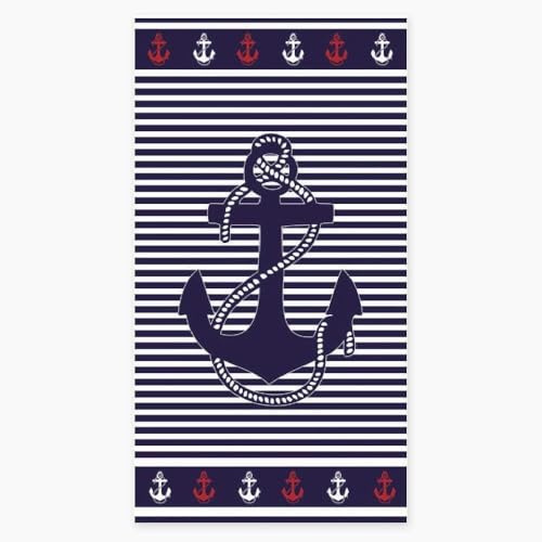 Alpes Blanc Serviette de Plage Marin 100% Coton égyptien 450g/m² 90x170 cm - Drap de Plage à Rayures Motif Ancre, Douceur et Absorption