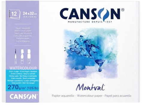 Canson Montval - Blocco per acquerello,guazzo,acrilico,collato lato corto 24 x 32 cm, 12 fogli, 270 g/m² grana nuvola, bianco