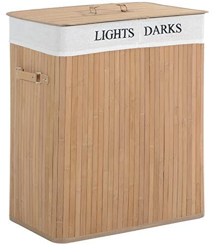 HOMCOM 100L Collapsible Natural Wood Laundry Hamper Organizer Clothes Washing Basket Bin Storage Box w/Lid Removable Lining 52x32x63cm, Wood Color