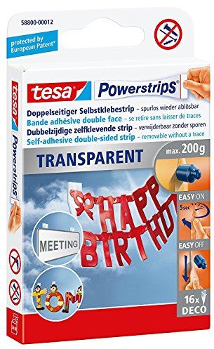 tesa Powerstrips® DECO Klebestreifen, max. 200 g, transparent, UV-beständig, spurlos wieder ablösbar (5 Packungen = 80 Stück)