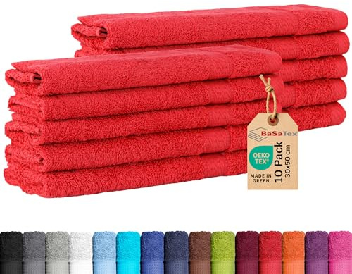 BaSaTex Frottee Gästehandtuch, 10er Set, 30x50cm, Rot | 100% Baumwolle-Frottee, Öko-Tex Made in Green Zertifiziert, Aufhängeschlaufe, 500gm², saugstark und langlebig