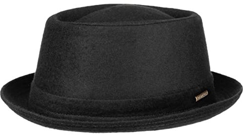 Stetson Wool Pork Pie Hut Herren Damen Made in Italy Fedora mit Schurwolle Baumwollfutter Krempe Herbst Winter schwarz 56 cm