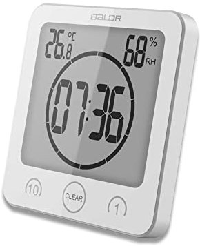 HONPHIER Dusche Uhr Badezimmer Uhr Digital Große Anzeige Touchscreen Timer mit Temperatur Luftfeuchtigkeit Display für Badezimmer Dusche Küche (Weiß)