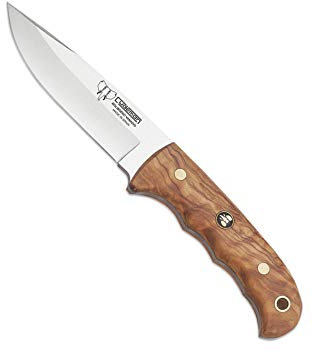 Cudeman Cuchillo 147-L hoja de acero inoxidable ACX-380 de 11 cm empuñadura de madera de olivo de 11,5 cm para caza, pesca, supervivencia y bushcraft + Portabotellas regalo