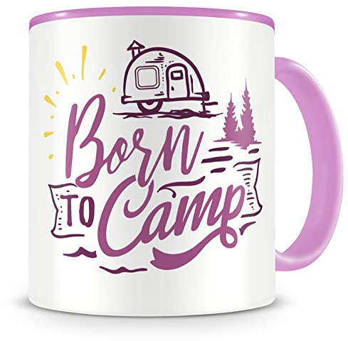 Samunshi® Born to Camp Tasse Camping Geschenk Kaffeetasse Teetasse Kaffeepott Kaffeebecher Becher 300ml rosa