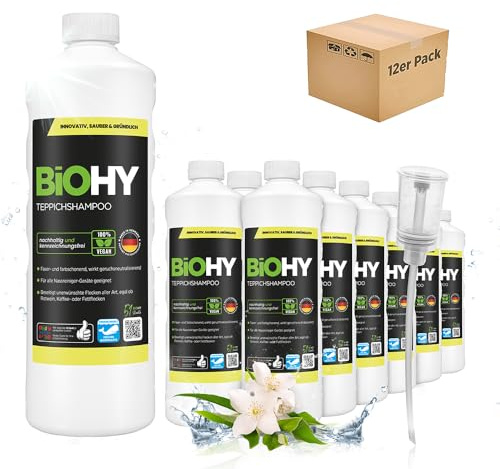 BiOHY Teppichshampoo (12 x 1 Liter) + Dosierer | Teppichreiniger Konzentrat | ideal gegen hartnäckige Flecken | materialschonend & tierfreundlich | effektives Bio Mittel | kraftvoller Teppich Schaum