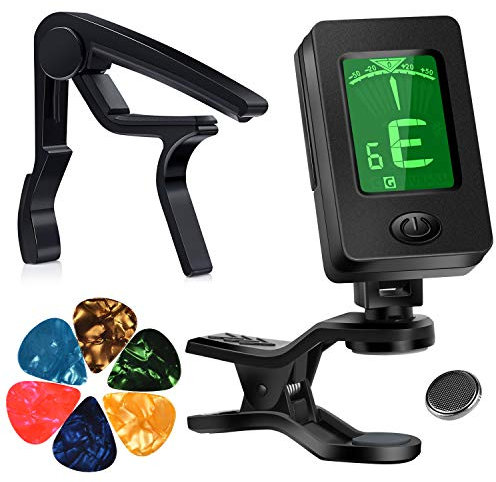 Moreyes Gitarrenkapodaster/-stimmgerät zum Anklipsen für Gitarre, Bass, Violine, Ukulele, chromatisch, mit Plektren