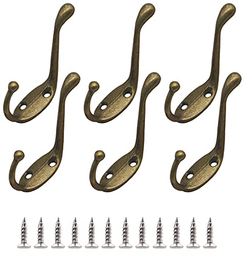 Hoshen 6 ganchos de pared retro, ganchos para perchero, estilo europeo, sala de estar, dormitorio, guardarropa, decoración retro interior y exterior, incluye 12 tornillos, bronce