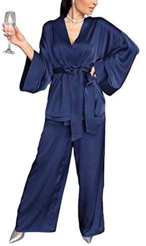 Minetom Femmes Ensemble de Pyjama en Satin Elégant Manche Longue Vêtements de Nuit 2 Pièces Top avec Ceinture et Pantalon