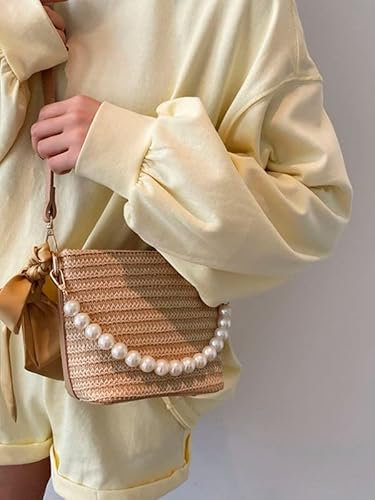 Tasche aus Stroh Perlmodische Umhängetasche for Frauen Strohbag Casual Women Handtasche einfache Lady Crossbody Taschen(Khaki)
