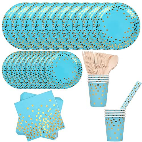 Trimming Shop 80pcs Blue with Gold Polka Dot Party Tableware Set - Disposable Paper Plates, Cups, Napkins, Straws & Cutlery - Elegant Dinnerware for Weddings, Birthdays, Anniversaries & Special Events