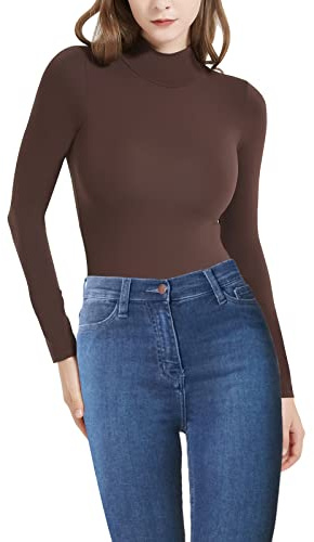 RoomTour Body dam eleganta långärmade bodysuits för dam bodysuit toppar för dam högstängd, elegant bodysuit, 1-brun, M