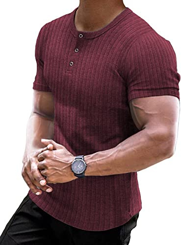 Muscle Cmdr Muscle Henley-skjorta, herr, långärmad, smal passform, långärmad tröja, fritid t-shirt av bomull med korta/långa ärmar, smal passform, ribbad skjorta, 0/röd kortärmad, XXL