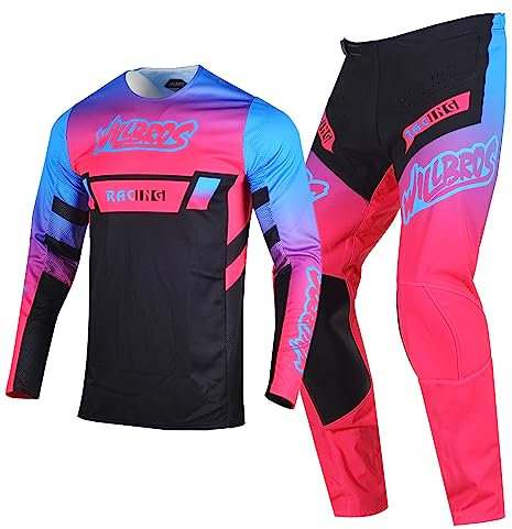 Willbros Combinaison de Pantalons Maillot Enduro de Motocross pour la Compétition Hors Route Moto MX Cyclisme La Montagne Homme Femmes Rose (Jersey XXL Pants 38)
