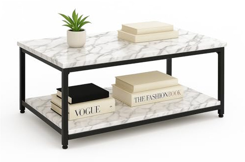 SG Traders Industrial Coffee Table for Living Room Large Side Table with Metal Leg 2 Tiers Stylish and Durable Industrial Coffee Table with Storage Perfect for Any Room 100x50x45cm (White Marble)