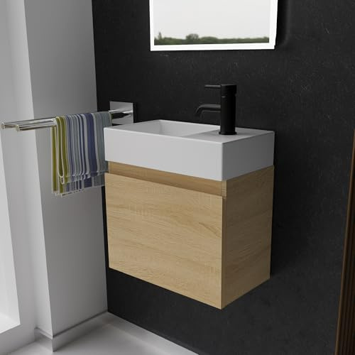 Alpenberger Gäste WC Waschbecken mit Unterschrank 45 cm Breit | Waschtisch Set Klein | Aufsatzwaschbecken Waschtischunterschrank Hängend | Hängeschrank | Waschbeckenunterschrank Eiche Hell