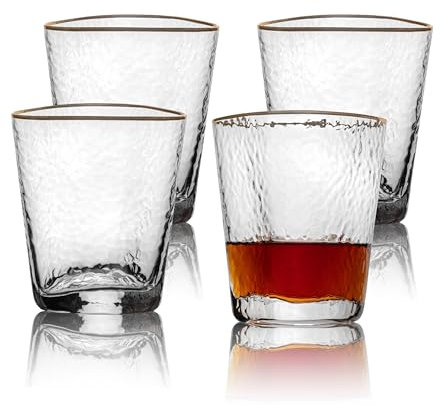 Bec's Designs Whiskey Glasses Set of 4 – 10 oz Gold Rimmed Hammered Lowball Bourbon and Cocktail Glasses – Stylish Whiskey Gift for Men