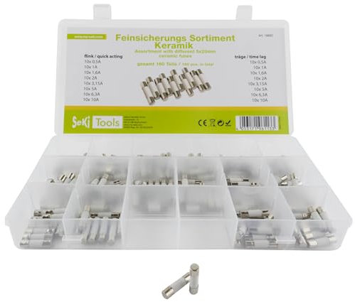 SeKi Fusibles de cerámica (160 piezas, 5 x 20, surtido de 160 piezas, 16 tipos; 8 fusibles rápidos + 8 fusibles de 0,5 A, 1 A, 1,6 A, 2 A, 3,15 A, 5 A, 6,3 A y 10 A), fusible de tubo de vidrio