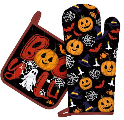 Arquiel Halloween ugnshandske och grytlappar set om 2 bomull | Bomullsköks-set med Halloween-motiv, värmebeständigt och praktiskt för matlagning, bakning och grillning.