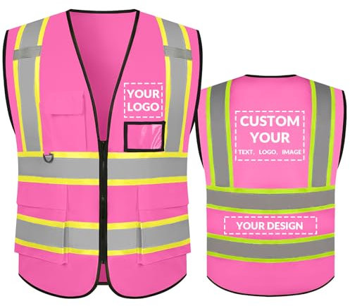 Shmimy Personalisierte Sicherheitsweste Warnweste mit Text oder Logo und 5 Mehreren Taschen Hohe Reflektivität Warnschutz Arbeitsweste Sicherheitsweste （Rosa-XXL）