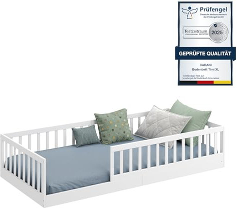 CADANI Timi Kinderbett 90x200 cm Bodenbett, Rausfallschutz abnehmbar, bis 200 kg belastbar, Roll-Lattenrost, Montessori Kiefer Massivholz Bett, 3 Aufbauvarianten, Umbaubar, Weiß