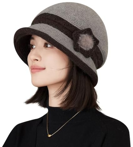 TCNGKIJIUK Chapeau d'Hiver Élégant pour Femme Fille - Bonnet Tricoté en Cloche Vintage 1920s - Chapeau de Melon Chaud d'Église avec Fleur Classique - Béret Automne-Hiver