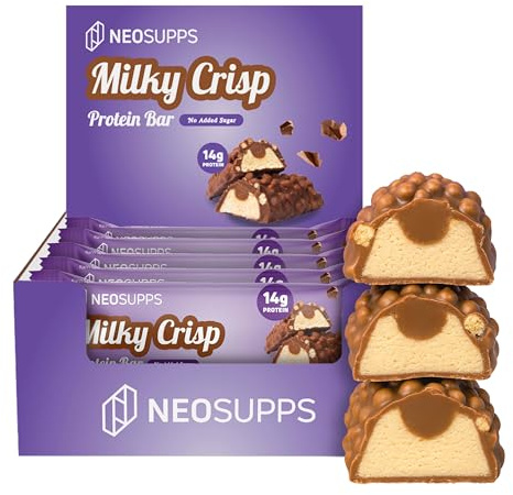 Neosupps Protein Bar Milky Crisp, Proteinriegel, Milchprotein Powerbar, Idealer High Protein Snack mit 14g Protein, Eiweißriegel für Muskelaufbau, Geprüfte Qualität, 12Stk
