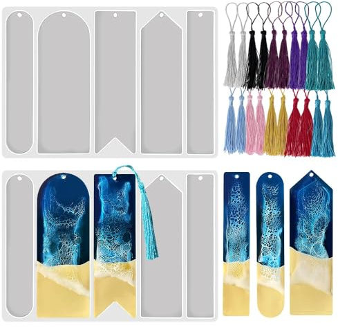 2 Stück lesezeichen silikonform,Lesezeichen Epoxidharz Formen set,DIY Lesezeichen silikonform harz,silikonform epoxidharz，mit 20 Quasten,Es gibt große Rechtecke,kleine Rechtecke und Ovale，10 Hohlräume
