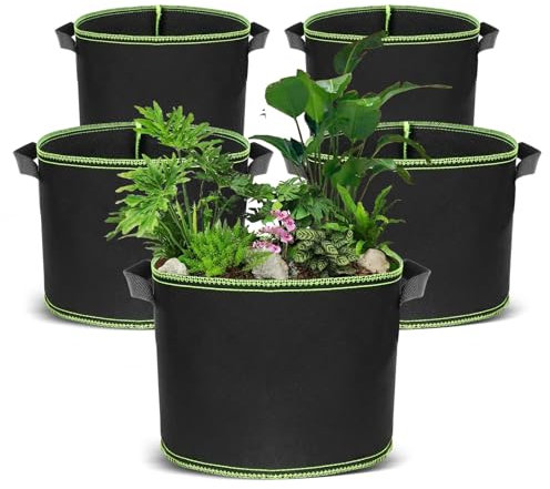 5 Pezzi Sacchi per Piante 20 L, Grow Bag in Tessuto Non Tessuto, Sacchetti per Piante per Orto con Manici, Stoffa per Piante Riutilizzabile per Piante da Giardino Patate Pomodori Verdure Frutta