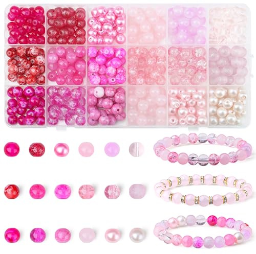 8mm Rosa Perlen Glasperlen für Armbänder | AWARDSEN 360 Stück Glasperlen für Armbänder Bunt Perlen Zum Auffädeln Bastelperlen DIY Machen Beads für Schmuck Basteln