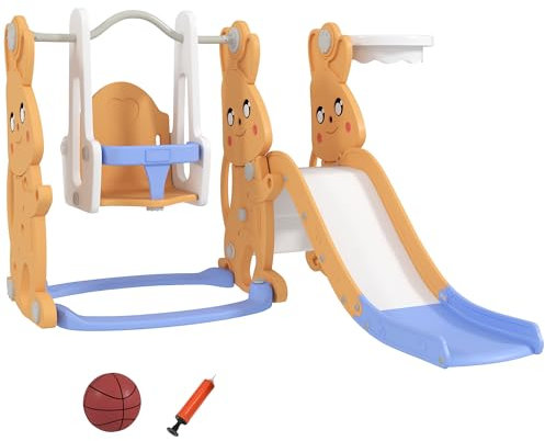 AIYAPLAY Tobogán Infantil 4 en 1 Columpio y Tobogán Trepador Aro de Baloncesto Temática de Conejo Parque Infantil para Interior y Exterior Naranja