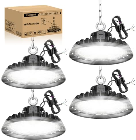 RUISUN 4 Pack 150W UFO Projecteur LED Éclairage Atelier Garage Lampe 22500LM Éclairage pour Atelier 6000K 120°Éclairage IP65 Lampe Industrielle Dimmable 90W/120W/150W pour Usines Entrepôts Stades