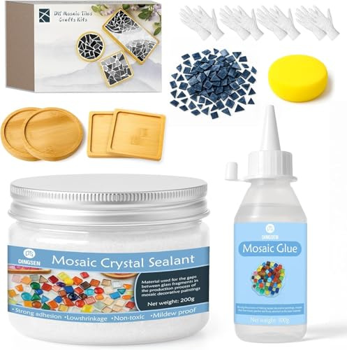 DINGSEN 4Pcs Mosaic Coaster Kit, with Ink Painting Mosaic Tiles for Crafts, Wooden Coasters, Mosaic Glue and Grout Tools, Easy Home Decor Gift Making