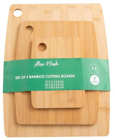 Alex Nash Bamboo Chopping Boards – Set of 3 Wooden Cutting Boards for Kitchen, Meat & Vegetables – Eco-Friendly and Durable Serving Trays for Cheese & Charcuterie – Small, Medium & Large
