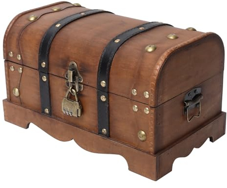 SwallowLiving Vintage Wooden Treasure Chest Box with Lock – 12.2x7.1x7.1 Decorative Storage Box for Keepsakes, Jewelry, Gifts, Pirate Chest Style with Combination Padlock,Brown