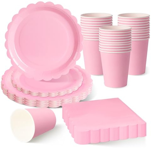 120 Pièces Rose Clair vaisselle jetable anniversaire pour 30 Invités | 18 et 23 cm assiette jetable festonnée, gobelets carton, serviettes, baby shower fille,fête entre copines.
