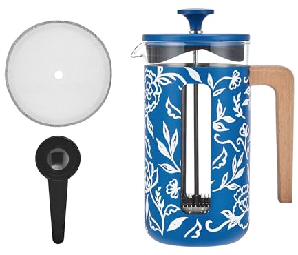 La Cafetière Pisa 8 Cup Cafetière, Large French Press Coffee Maker with Floral Design, 1L Ceramic Heat Resistant Cafetière with Easy-Grip Plunger, Ideal for Loose Tea and Ground Coffee, Blu Fiorato