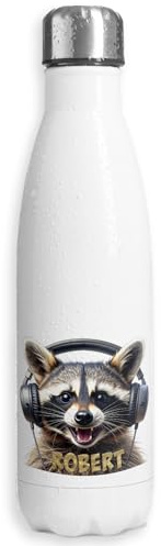 Thermosflasche personalisiert mit Namen | Lustiger Waschbär mit Kopfhörern | 750 ml | auslaufsichere Edelstahl Trinkflasche Wasserflasche für Kinder Mädchen Jungen