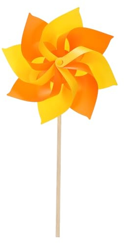 QUARKZMAN Moulins À Vent 19.7 Girouette Arc-en-Ciel 8 Feuilles Moulin À Vent en Bois avec Bâtons en Bois pour Jardin Cour Terrasse Pelouse Extérieur Faveurs De Fête Cadeaux, Orange/Jaune