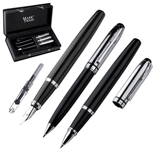 Mark Twain - 3-teiliges Metall-Schreibset mit Füllfederhalter inkl. Konverter (auffüllbare Patrone), Kugelschreiber und Rollerball